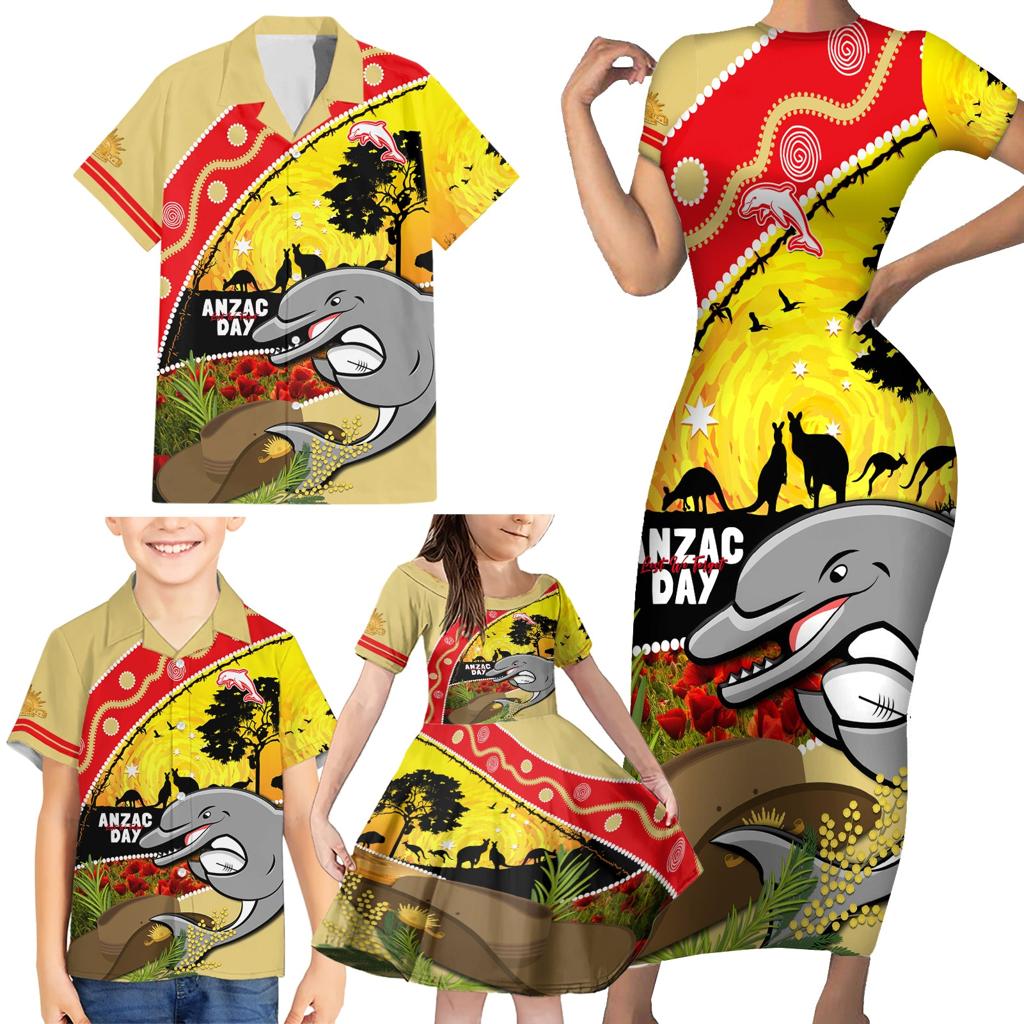 Dolphins ANZAC Day Family Matching Short Sleeve Bodycon Dress and Hawaiian Shirt Rosemary Starring Night Style