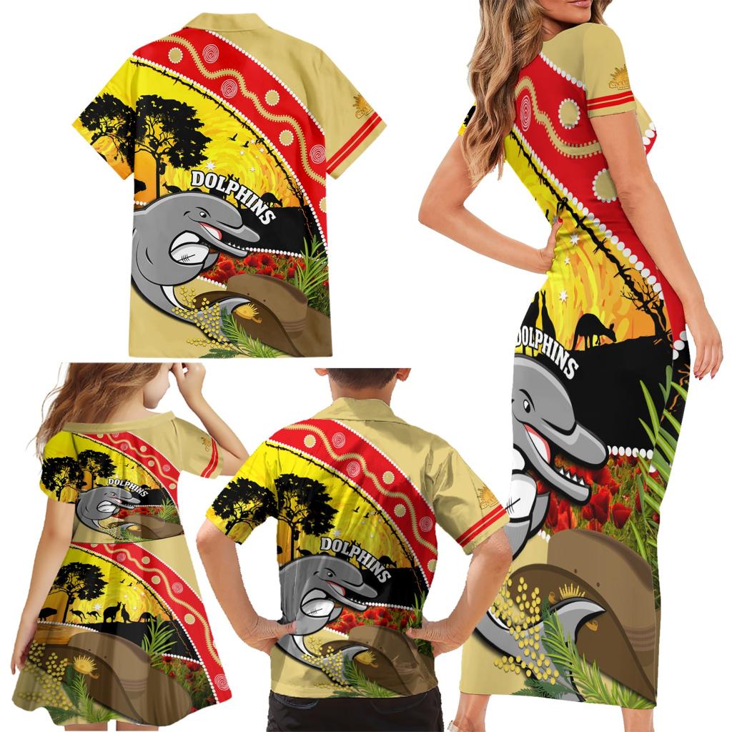 Dolphins ANZAC Day Family Matching Short Sleeve Bodycon Dress and Hawaiian Shirt Rosemary Starring Night Style