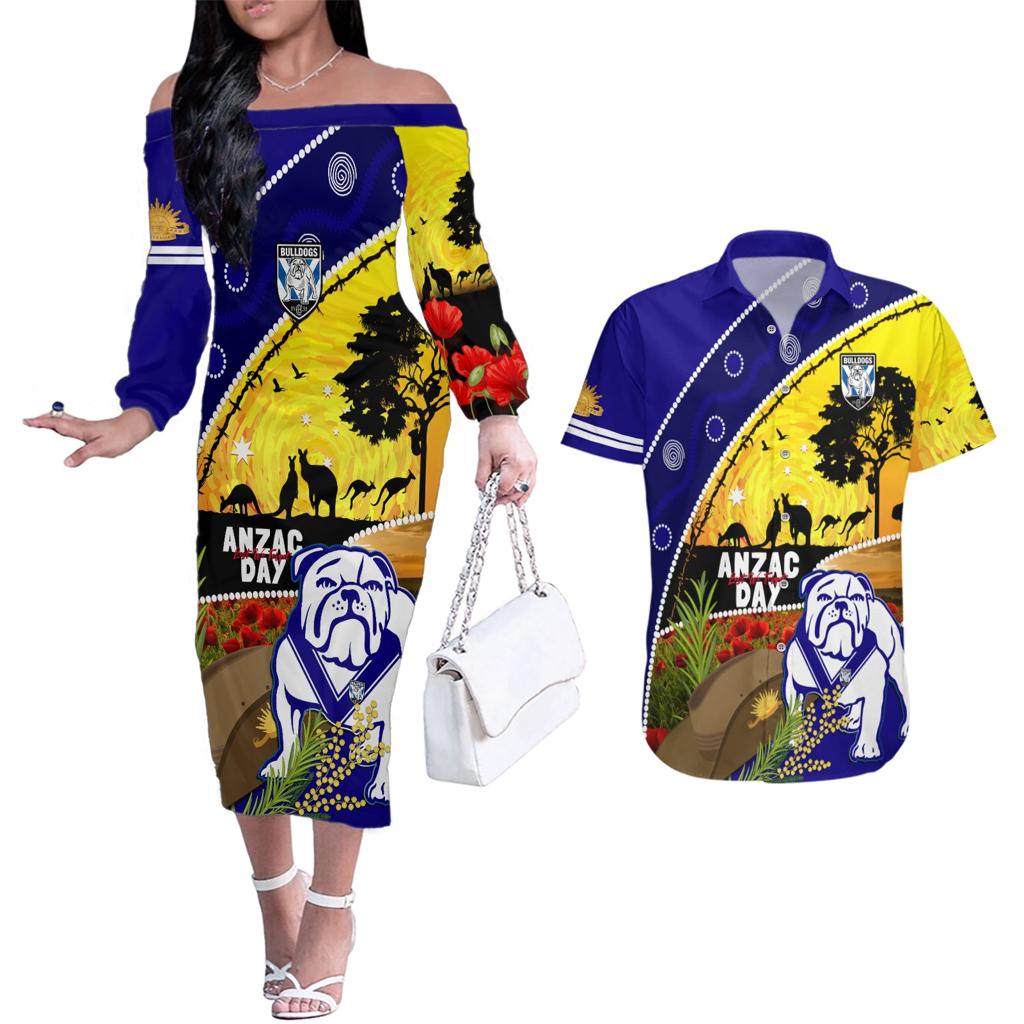 Bulldogs ANZAC Day Couples Matching Off The Shoulder Long Sleeve Dress and Hawaiian Shirt Rosemary Starring Night Style
