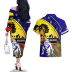 Bulldogs ANZAC Day Couples Matching Off The Shoulder Long Sleeve Dress and Hawaiian Shirt Rosemary Starring Night Style