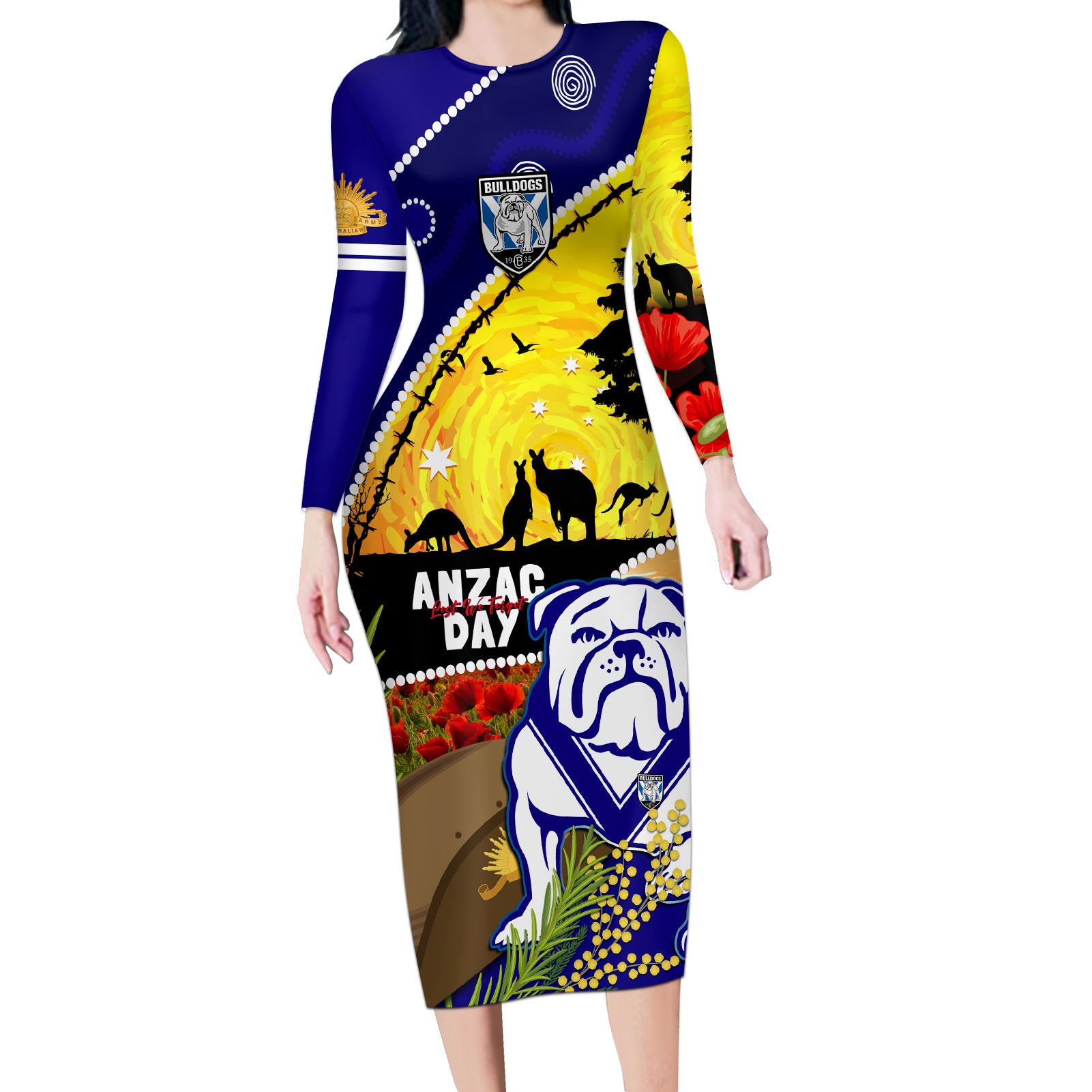 Bulldogs ANZAC Day Long Sleeve Bodycon Dress Rosemary Starring Night Style