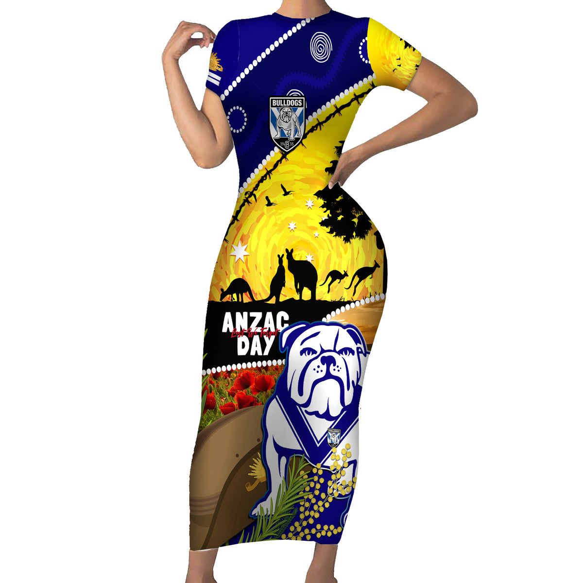 Bulldogs ANZAC Day Short Sleeve Bodycon Dress Rosemary Starring Night Style