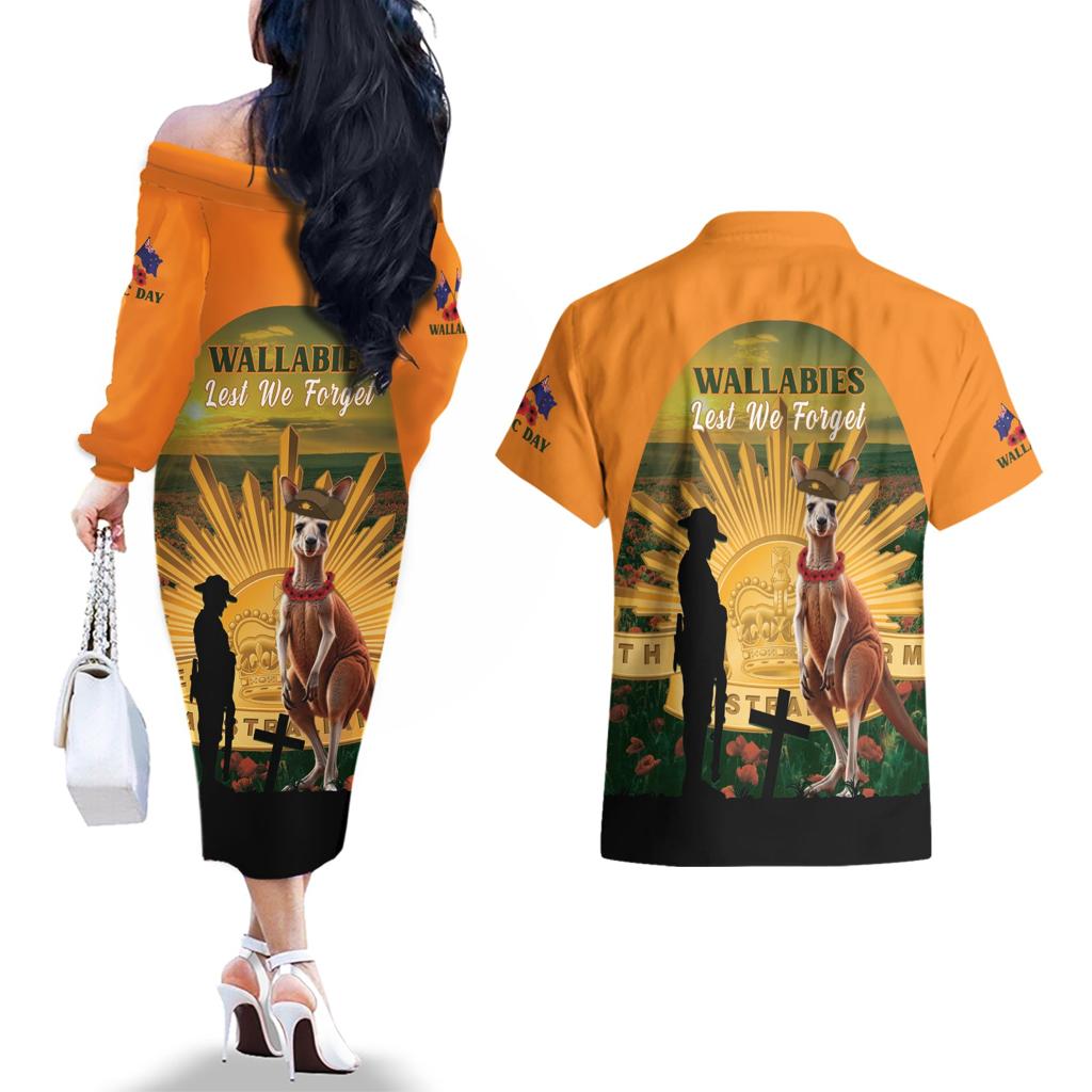 Australia Wallabies Rugby ANZAC Day Couples Matching Off The Shoulder Long Sleeve Dress and Hawaiian Shirt 2024 Lest We Forget