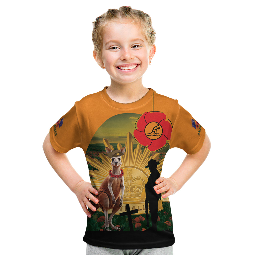 Australia Wallabies Rugby ANZAC Day Kid T Shirt 2024 Lest We Forget