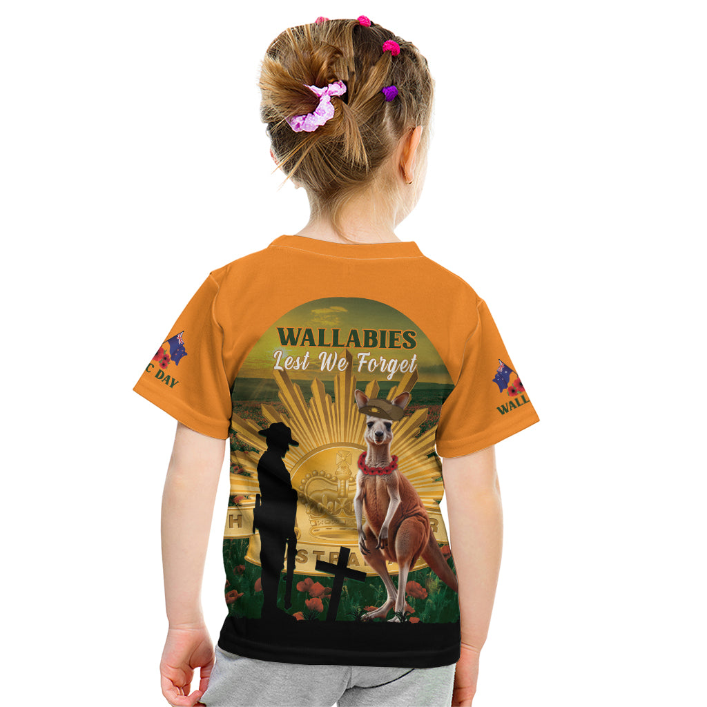 Australia Wallabies Rugby ANZAC Day Kid T Shirt 2024 Lest We Forget