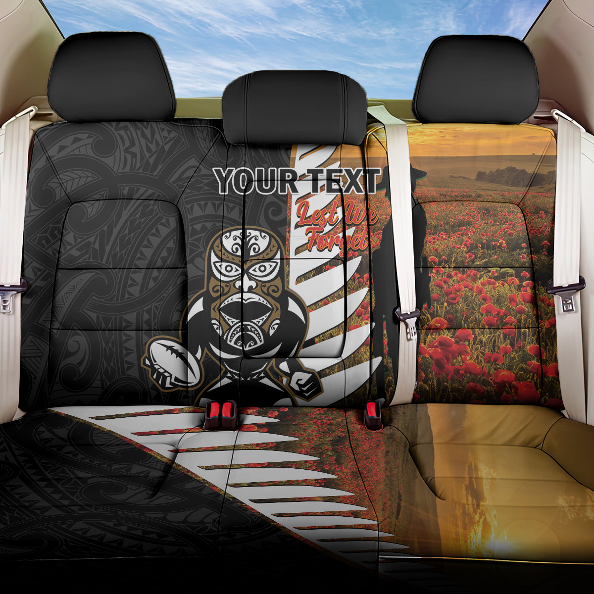 Custom New Zealand Silver Fern Rugby ANZAC Day Back Car Seat Cover 2024 All Black Tiki Mascot