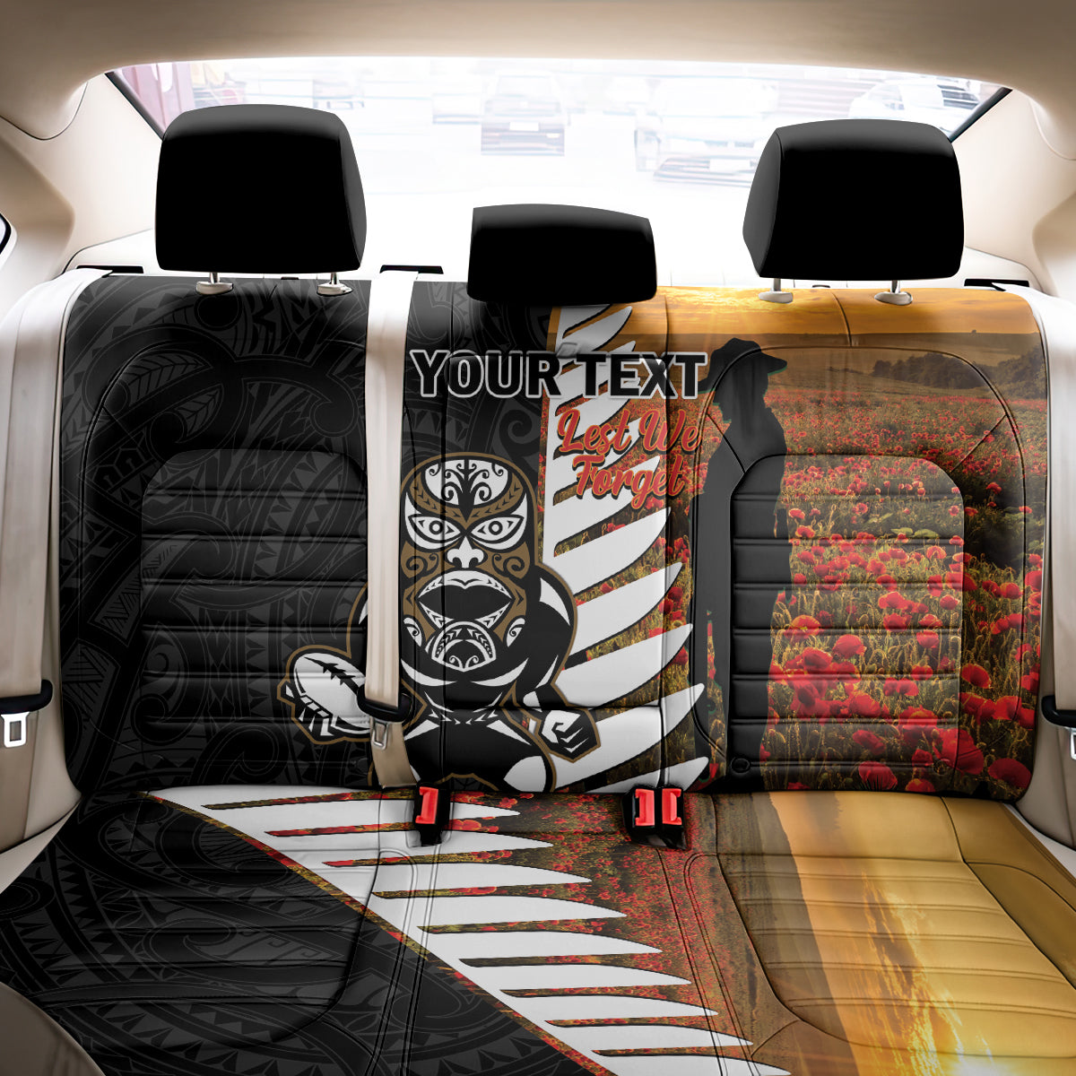 Custom New Zealand Silver Fern Rugby ANZAC Day Back Car Seat Cover 2024 All Black Tiki Mascot