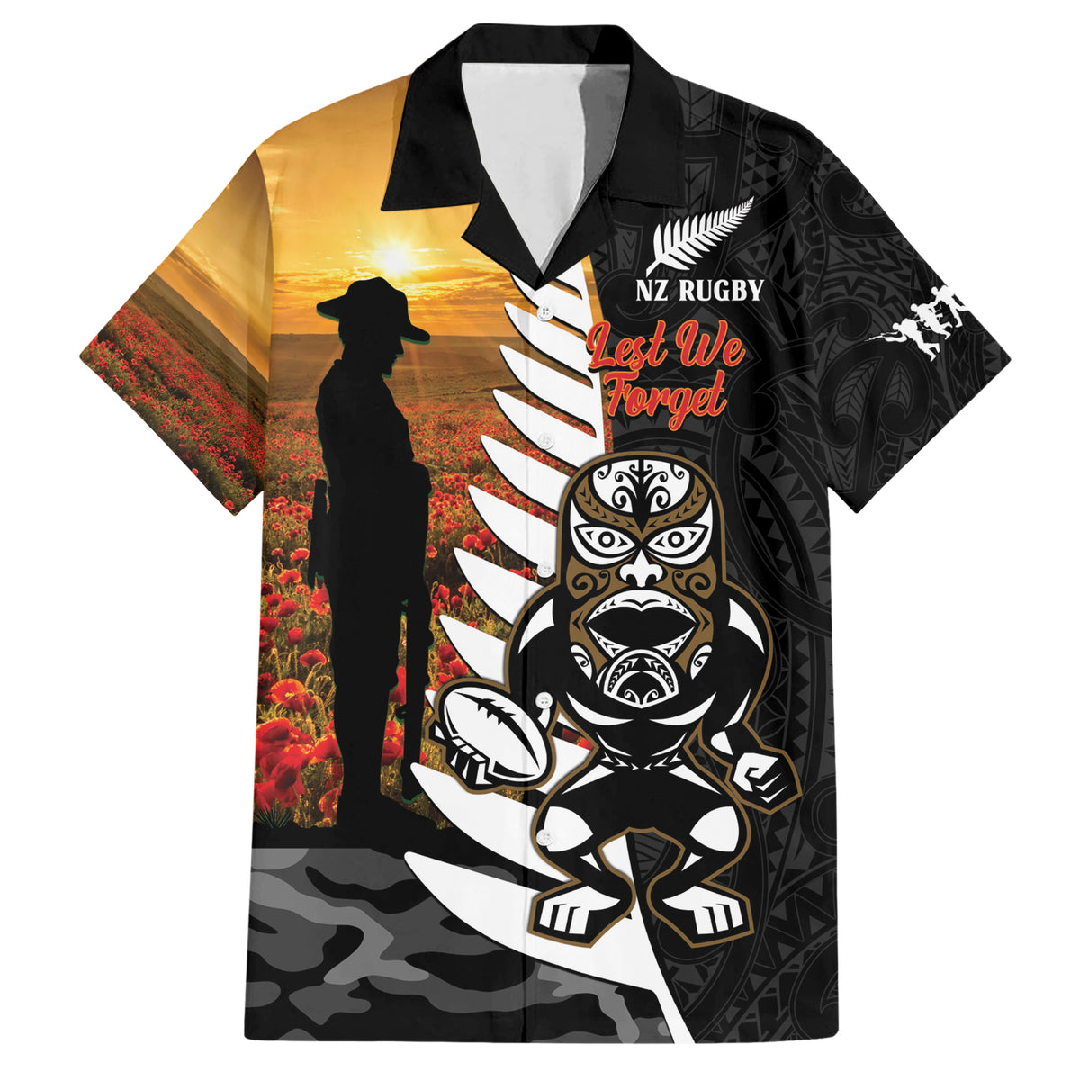Custom New Zealand Silver Fern Rugby ANZAC Day Hawaiian Shirt 2024 All Black Tiki Mascot