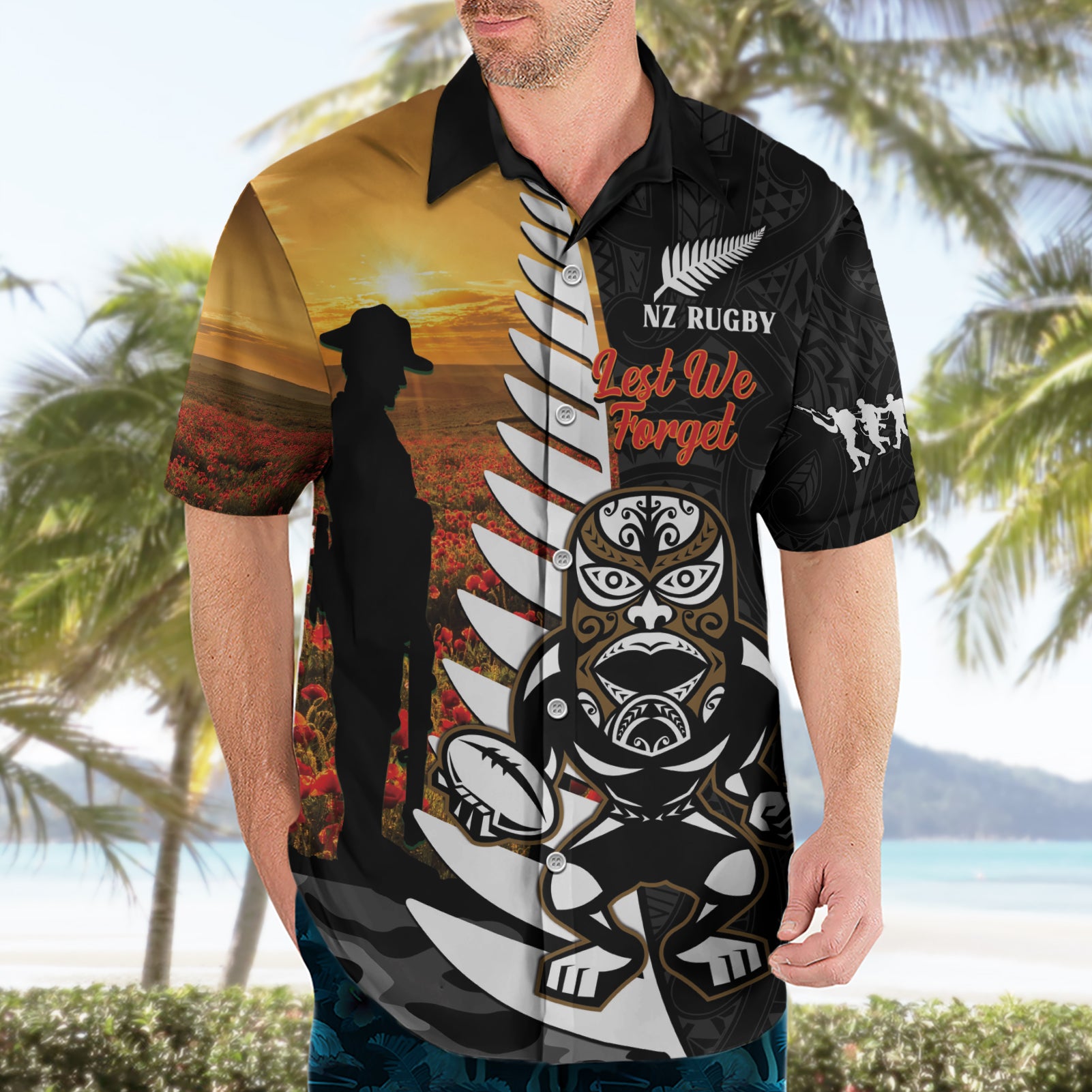 Custom New Zealand Silver Fern Rugby ANZAC Day Hawaiian Shirt 2024 All Black Tiki Mascot