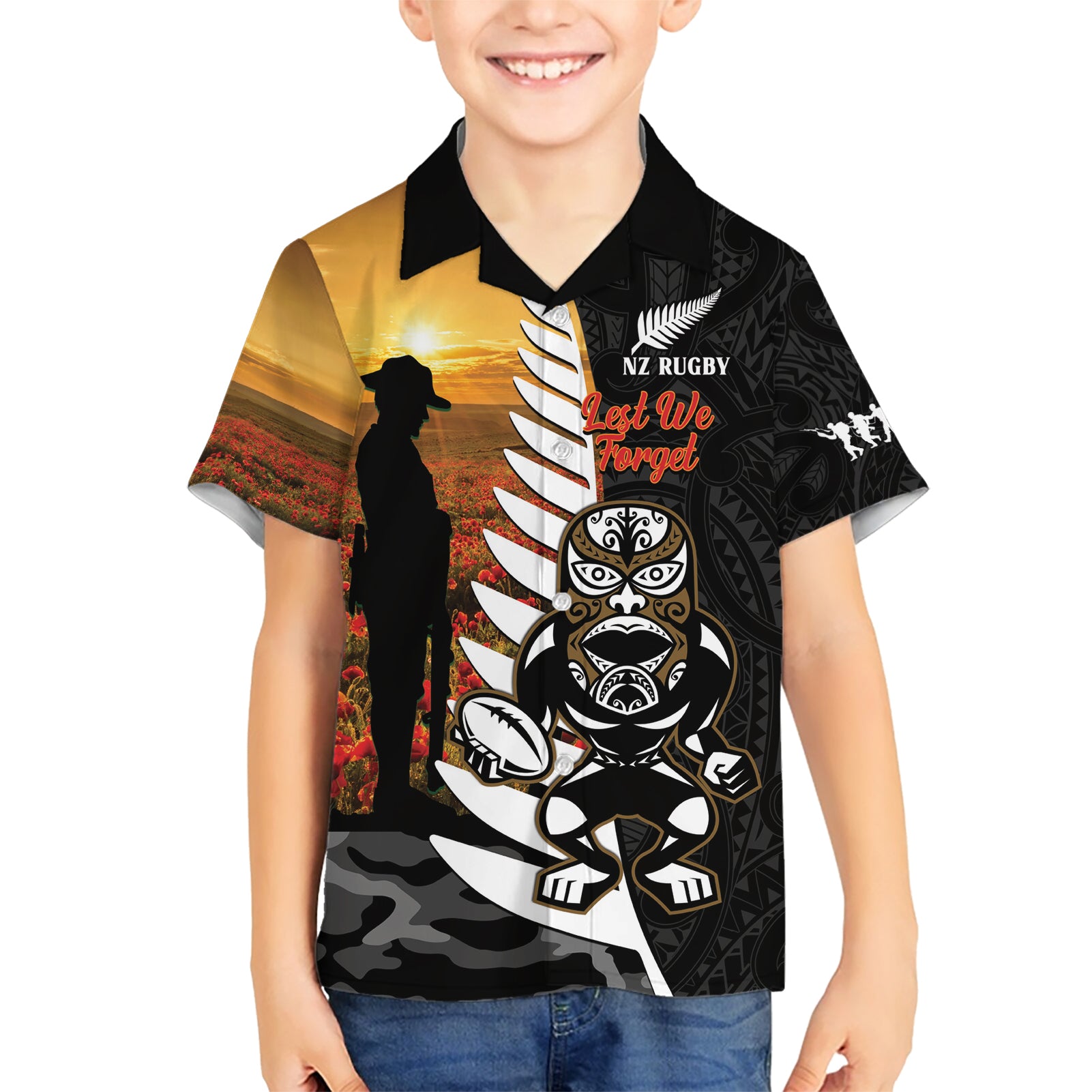 Custom New Zealand Silver Fern Rugby ANZAC Day Hawaiian Shirt 2024 All Black Tiki Mascot
