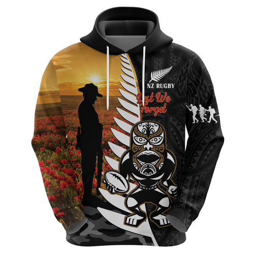 Custom New Zealand Silver Fern Rugby ANZAC Day Hoodie 2024 All Black Tiki Mascot