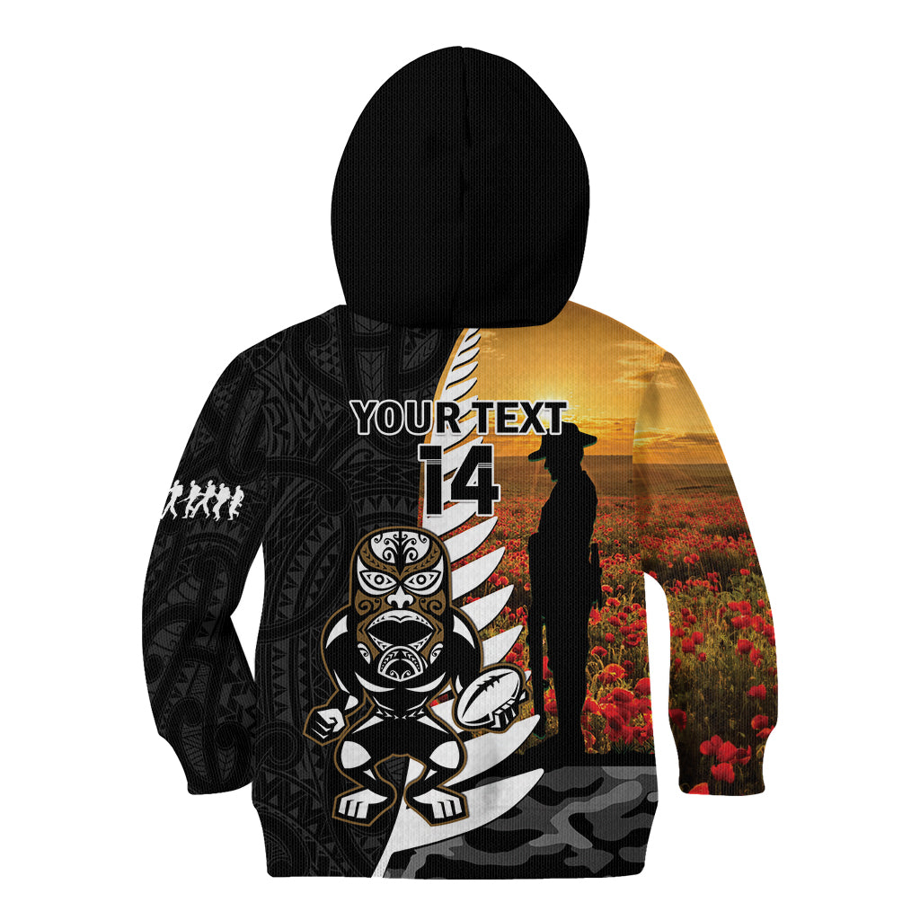 Custom New Zealand Silver Fern Rugby ANZAC Day Kid Hoodie 2024 All Black Tiki Mascot