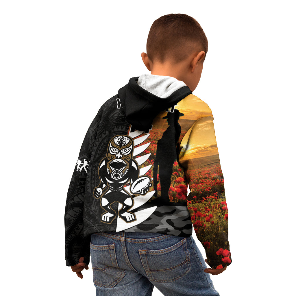 Custom New Zealand Silver Fern Rugby ANZAC Day Kid Hoodie 2024 All Black Tiki Mascot