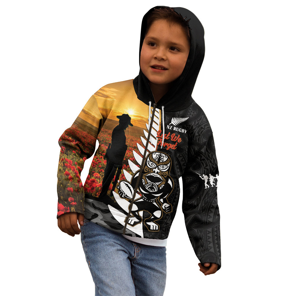 Custom New Zealand Silver Fern Rugby ANZAC Day Kid Hoodie 2024 All Black Tiki Mascot