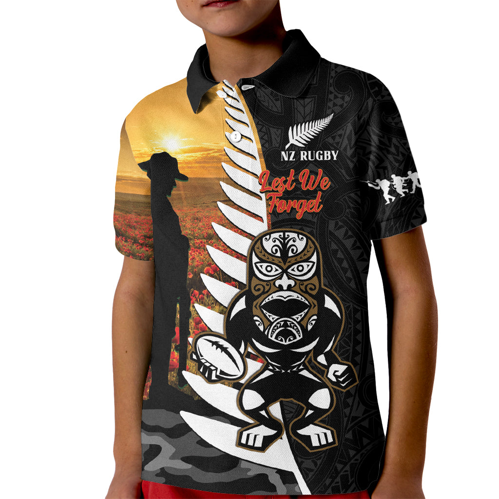 Custom New Zealand Silver Fern Rugby ANZAC Day Kid Polo Shirt 2024 All Black Tiki Mascot