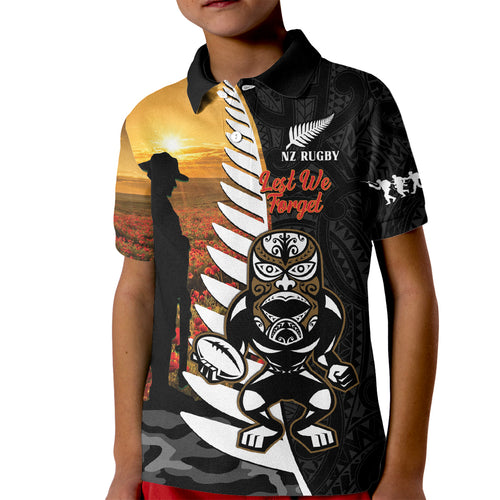 Custom New Zealand Silver Fern Rugby ANZAC Day Kid Polo Shirt 2024 All Black Tiki Mascot