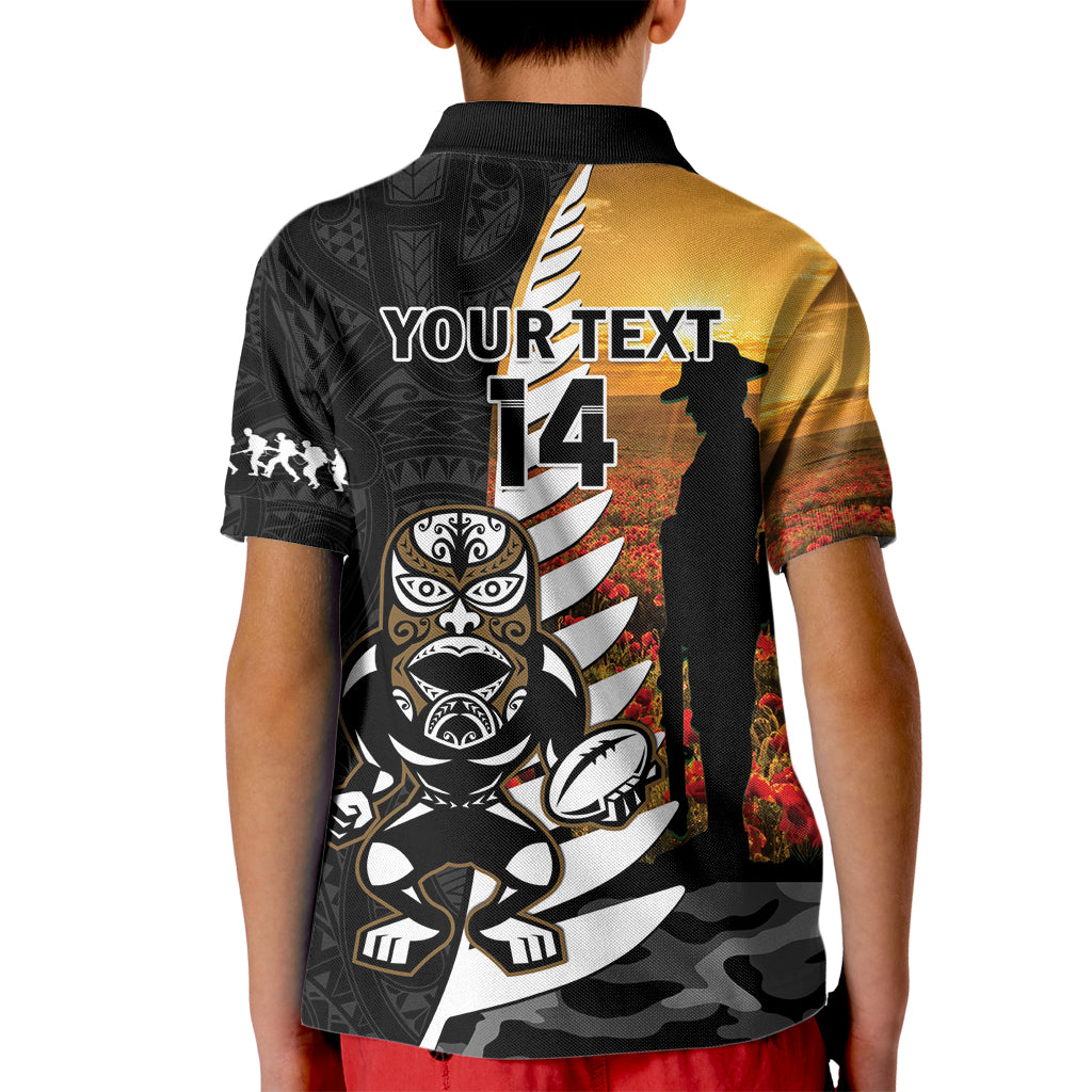Custom New Zealand Silver Fern Rugby ANZAC Day Kid Polo Shirt 2024 All Black Tiki Mascot