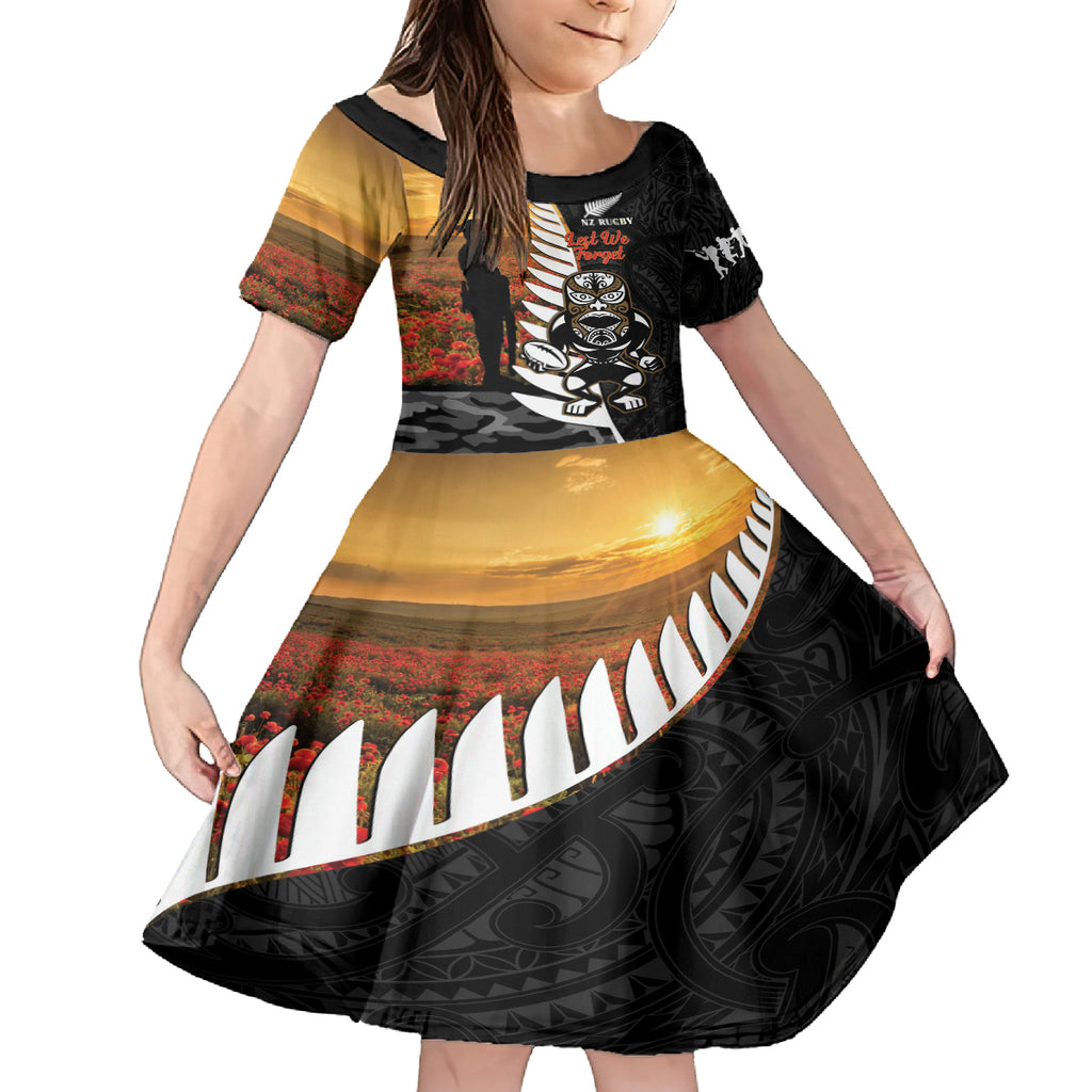 Custom New Zealand Silver Fern Rugby ANZAC Day Kid Short Sleeve Dress 2024 All Black Tiki Mascot