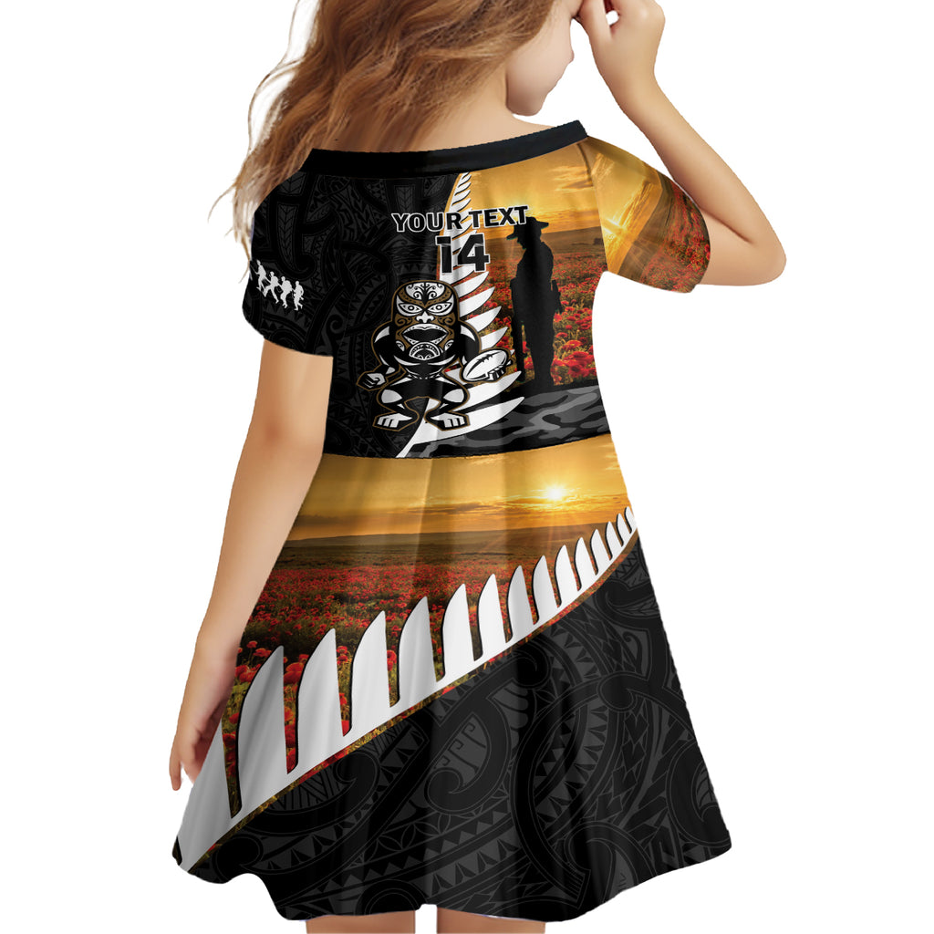Custom New Zealand Silver Fern Rugby ANZAC Day Kid Short Sleeve Dress 2024 All Black Tiki Mascot