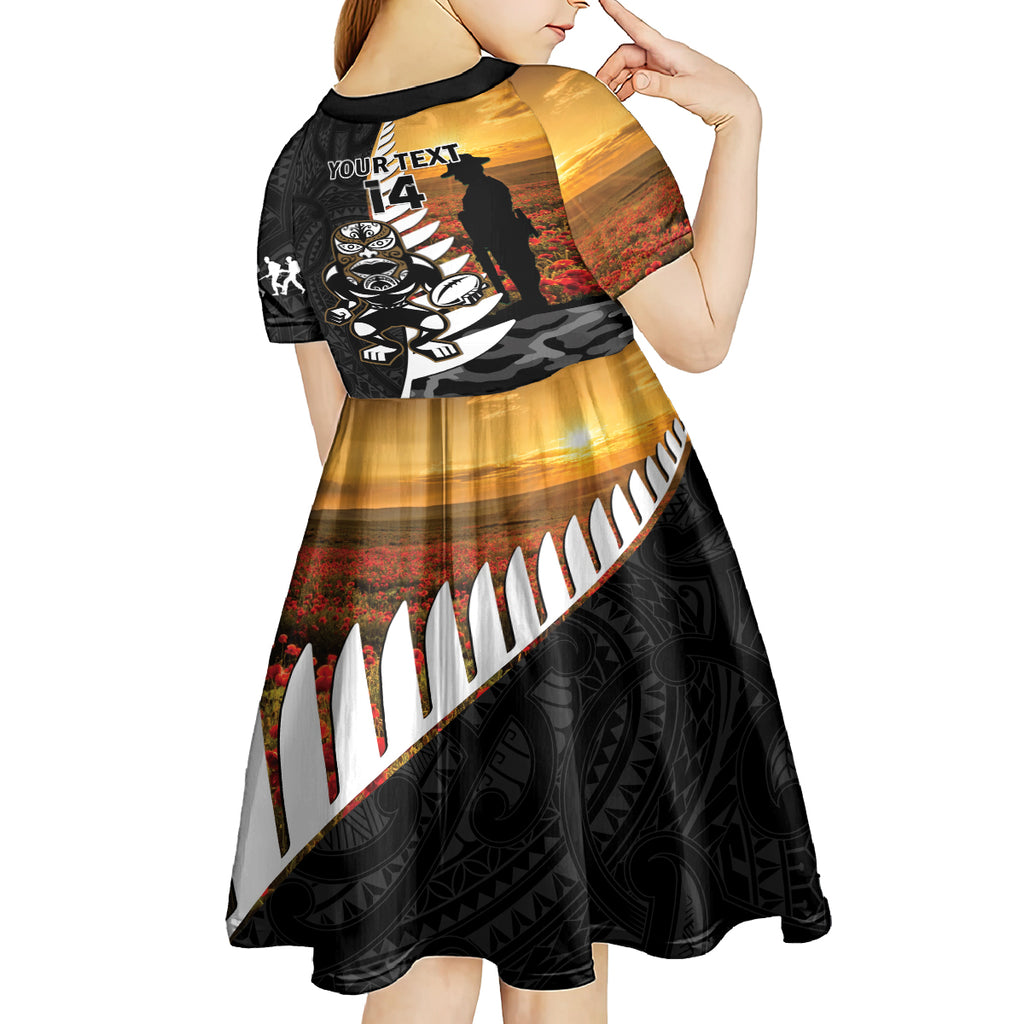 Custom New Zealand Silver Fern Rugby ANZAC Day Kid Short Sleeve Dress 2024 All Black Tiki Mascot