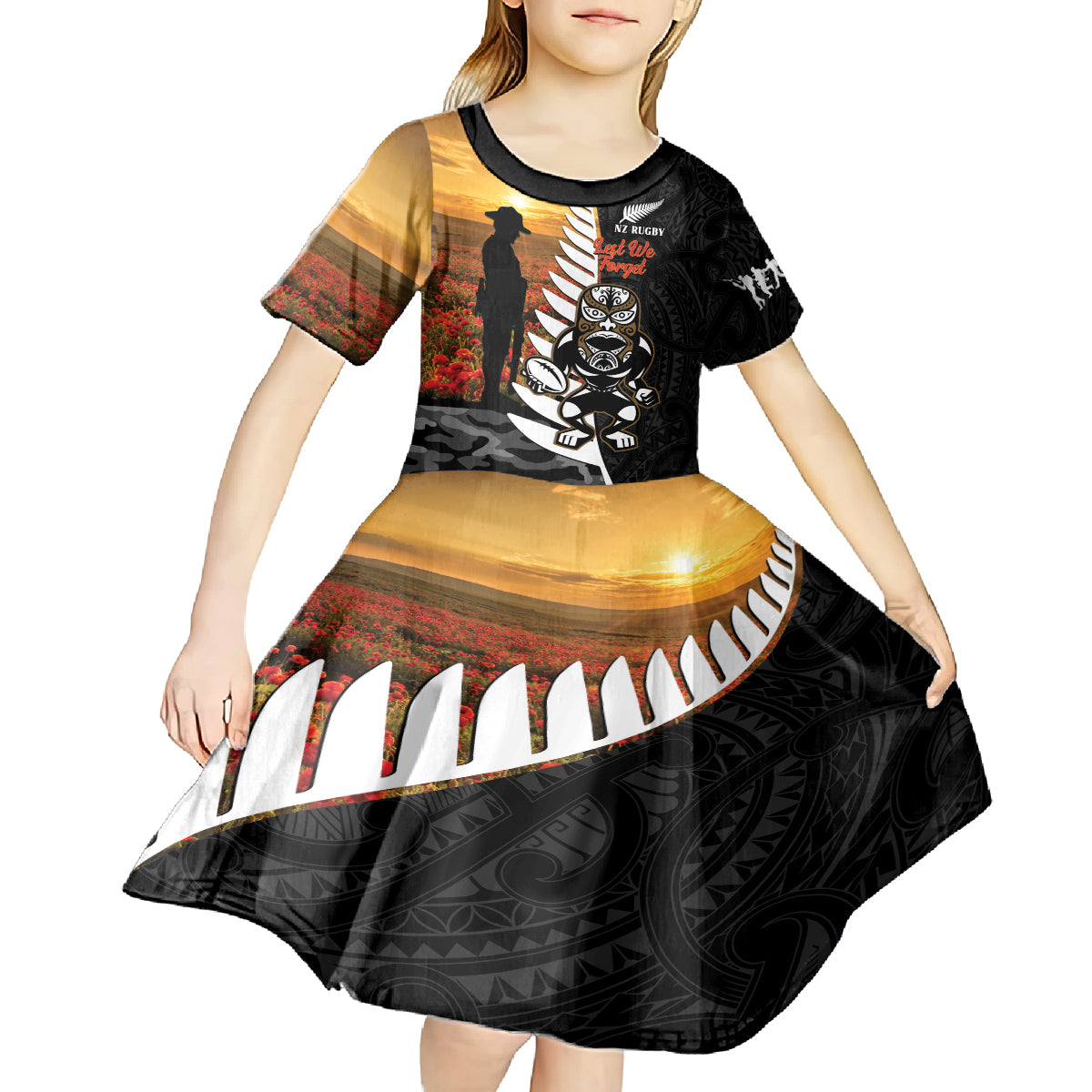 Custom New Zealand Silver Fern Rugby ANZAC Day Kid Short Sleeve Dress 2024 All Black Tiki Mascot