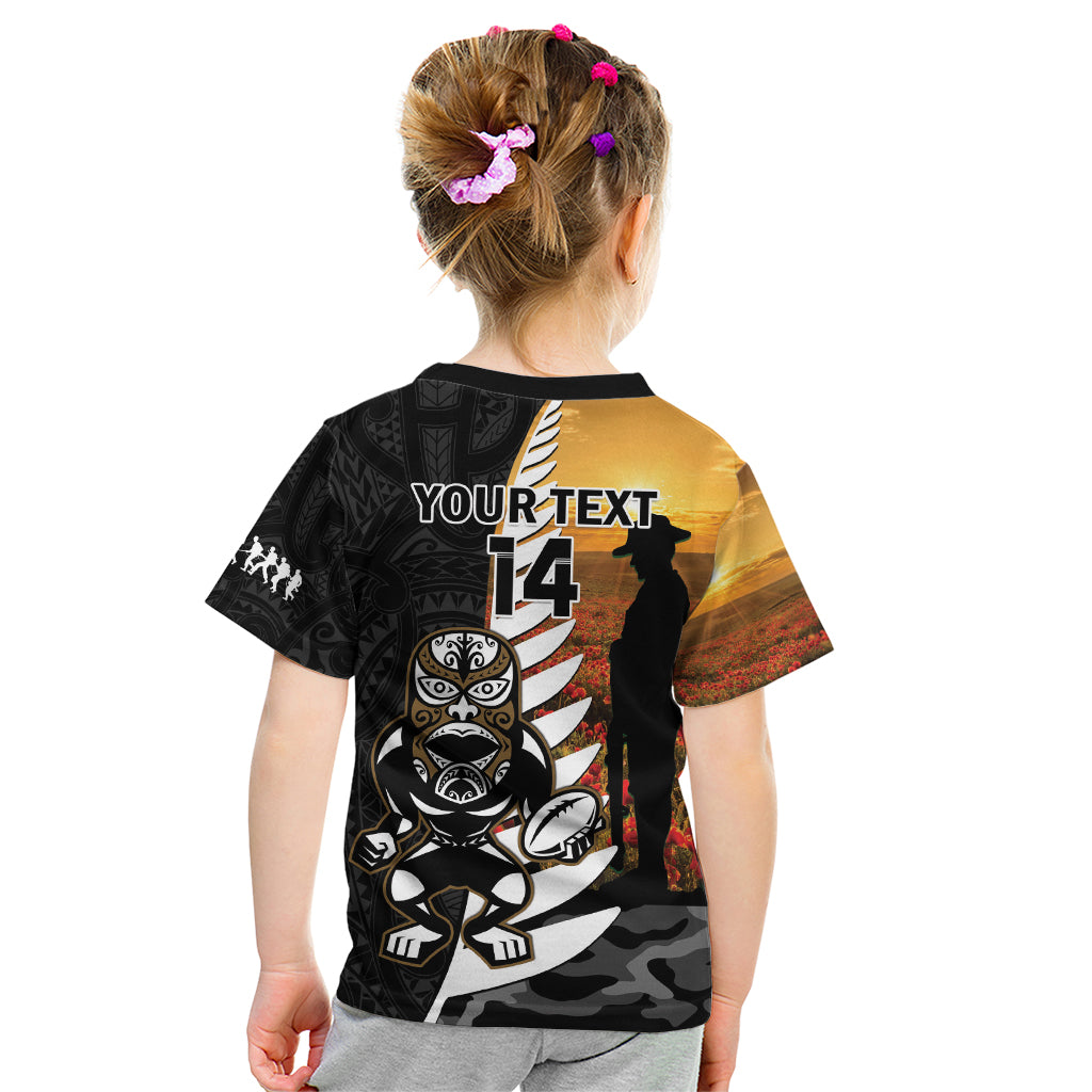 Custom New Zealand Silver Fern Rugby ANZAC Day Kid T Shirt 2024 All Black Tiki Mascot