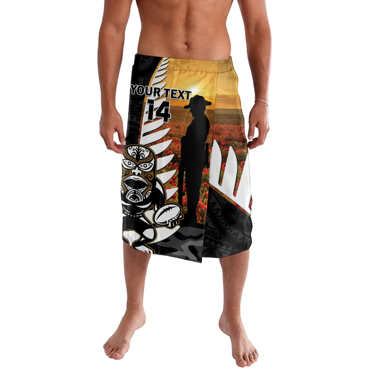 Custom New Zealand Silver Fern Rugby ANZAC Day Lavalava 2024 All Black Tiki Mascot