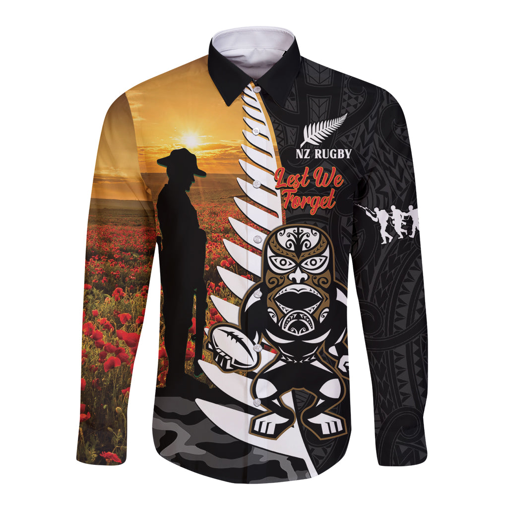 Custom New Zealand Silver Fern Rugby ANZAC Day Long Sleeve Button Shirt 2024 All Black Tiki Mascot