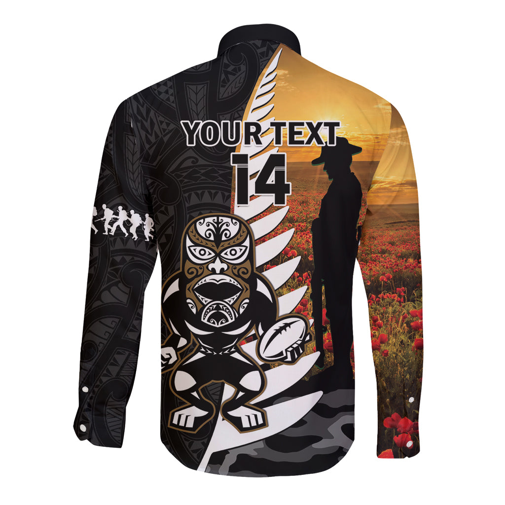 Custom New Zealand Silver Fern Rugby ANZAC Day Long Sleeve Button Shirt 2024 All Black Tiki Mascot