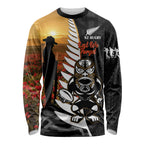 Custom New Zealand Silver Fern Rugby ANZAC Day Long Sleeve Shirt 2024 All Black Tiki Mascot