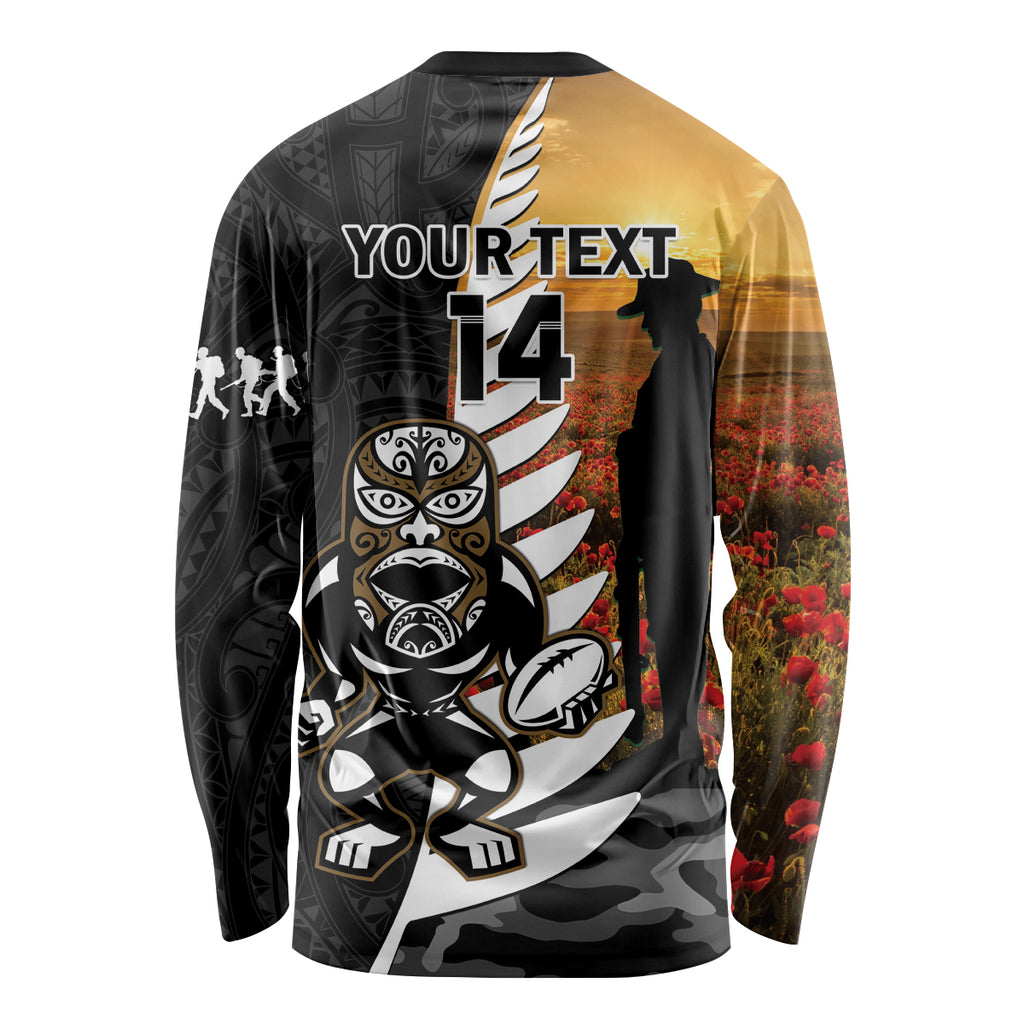 Custom New Zealand Silver Fern Rugby ANZAC Day Long Sleeve Shirt 2024 All Black Tiki Mascot