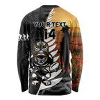 Custom New Zealand Silver Fern Rugby ANZAC Day Long Sleeve Shirt 2024 All Black Tiki Mascot