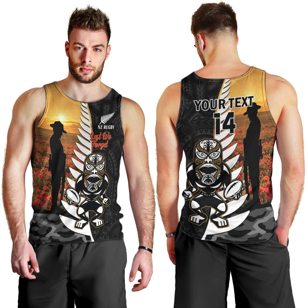 Custom New Zealand Silver Fern Rugby ANZAC Day Men Tank Top 2024 All Black Tiki Mascot