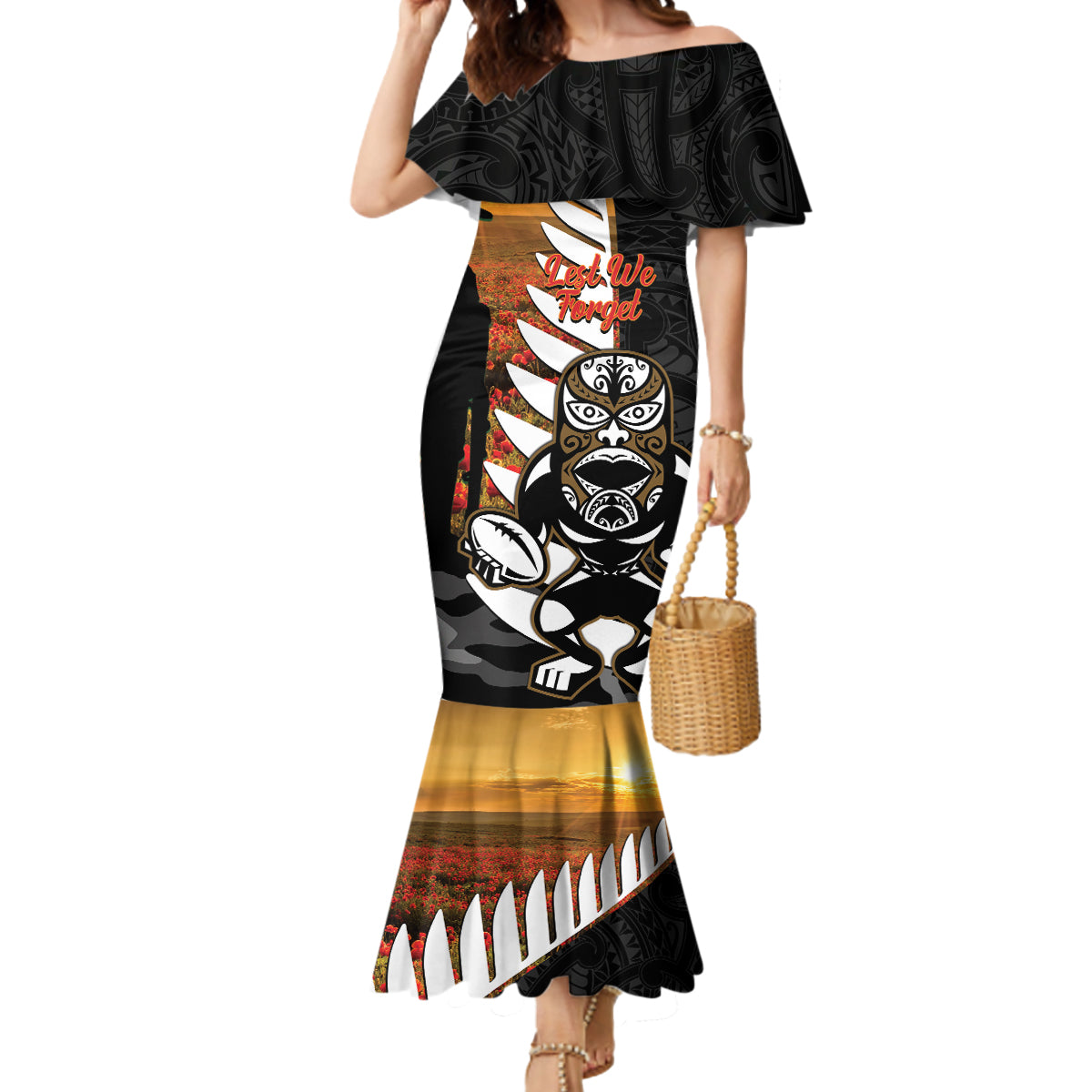 Custom New Zealand Silver Fern Rugby ANZAC Day Mermaid Dress 2024 All Black Tiki Mascot