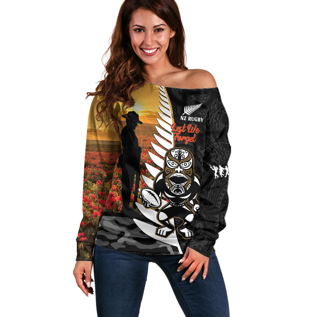 Custom New Zealand Silver Fern Rugby ANZAC Day Off Shoulder Sweater 2024 All Black Tiki Mascot