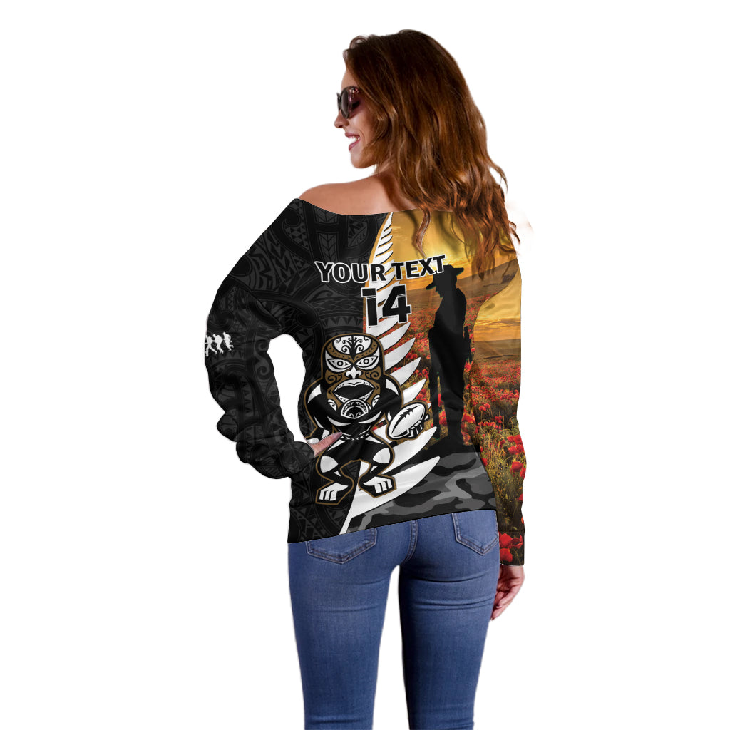 Custom New Zealand Silver Fern Rugby ANZAC Day Off Shoulder Sweater 2024 All Black Tiki Mascot