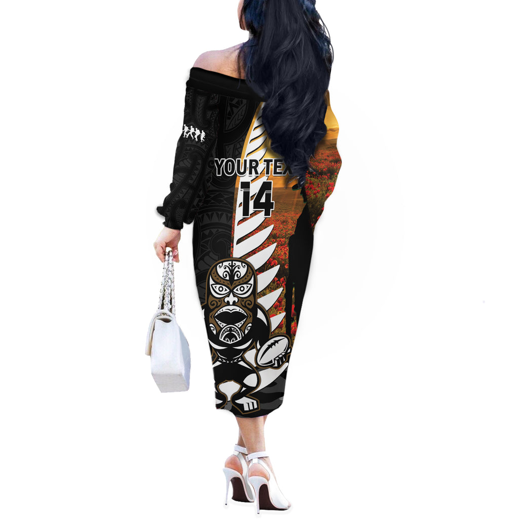 Custom New Zealand Silver Fern Rugby ANZAC Day Off The Shoulder Long Sleeve Dress 2024 All Black Tiki Mascot