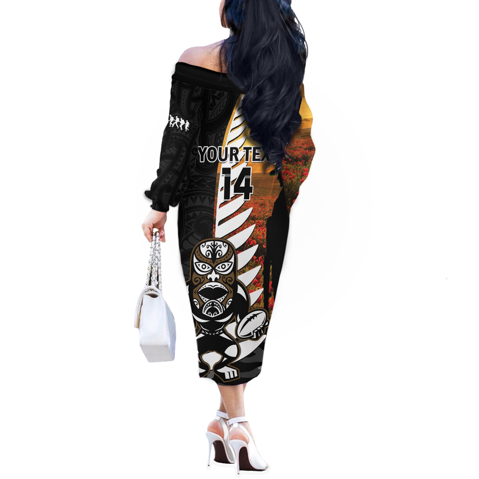 Custom New Zealand Silver Fern Rugby ANZAC Day Off The Shoulder Long Sleeve Dress 2024 All Black Tiki Mascot