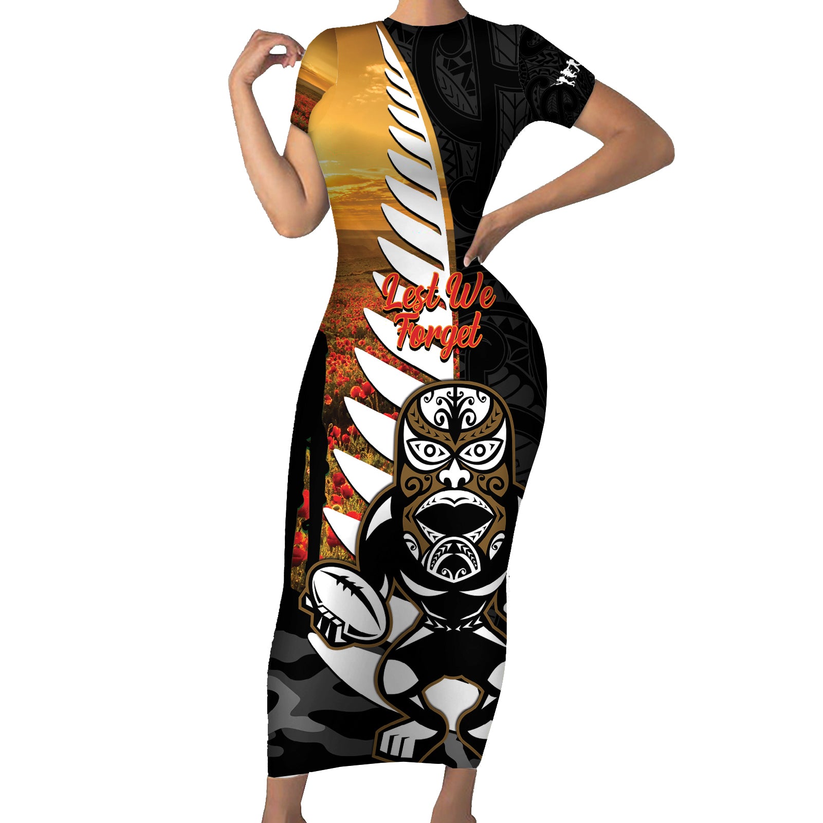 Custom New Zealand Silver Fern Rugby ANZAC Day Short Sleeve Bodycon Dress 2024 All Black Tiki Mascot