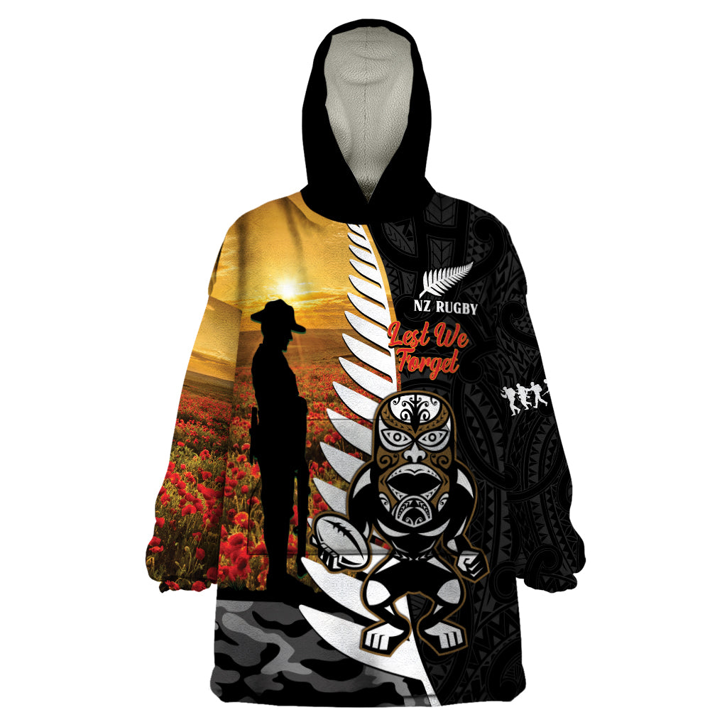 Custom New Zealand Silver Fern Rugby ANZAC Day Wearable Blanket Hoodie 2024 All Black Tiki Mascot