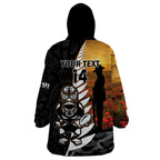 Custom New Zealand Silver Fern Rugby ANZAC Day Wearable Blanket Hoodie 2024 All Black Tiki Mascot