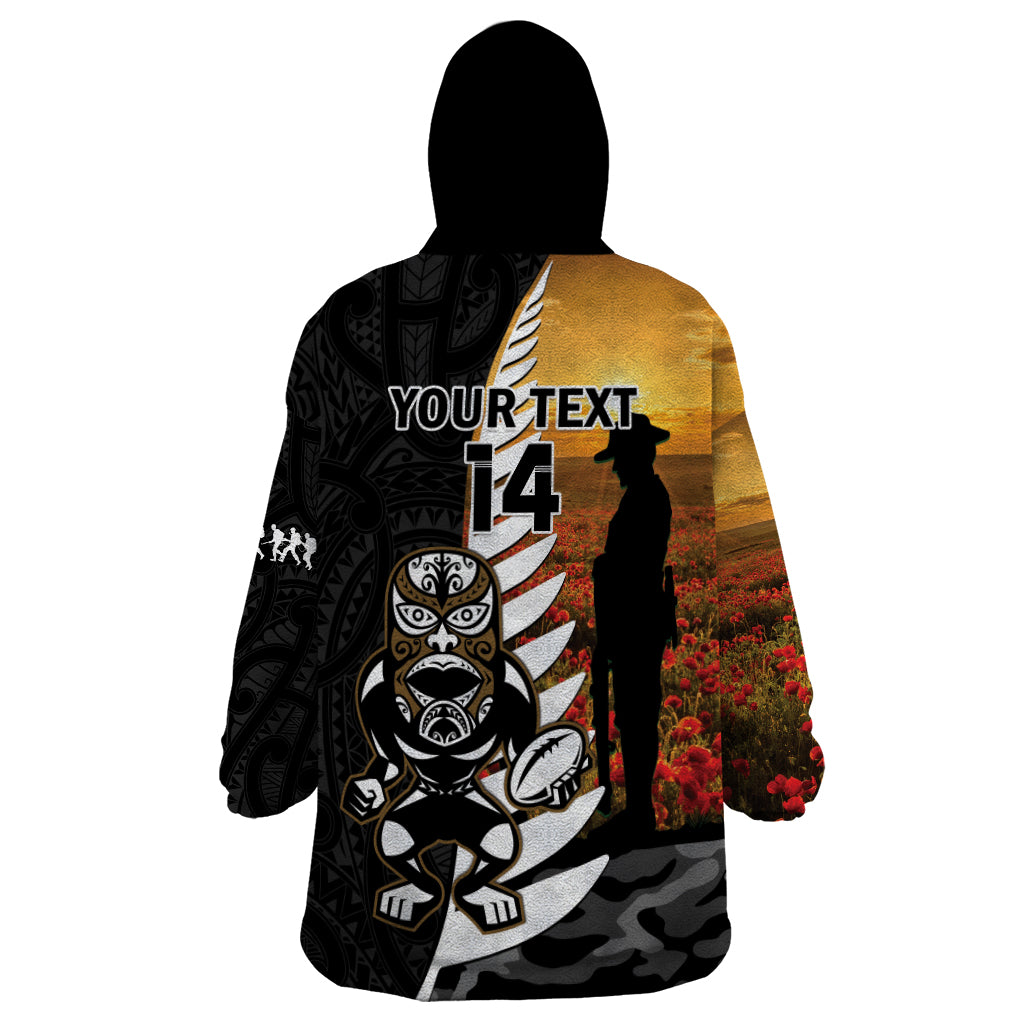 Custom New Zealand Silver Fern Rugby ANZAC Day Wearable Blanket Hoodie 2024 All Black Tiki Mascot