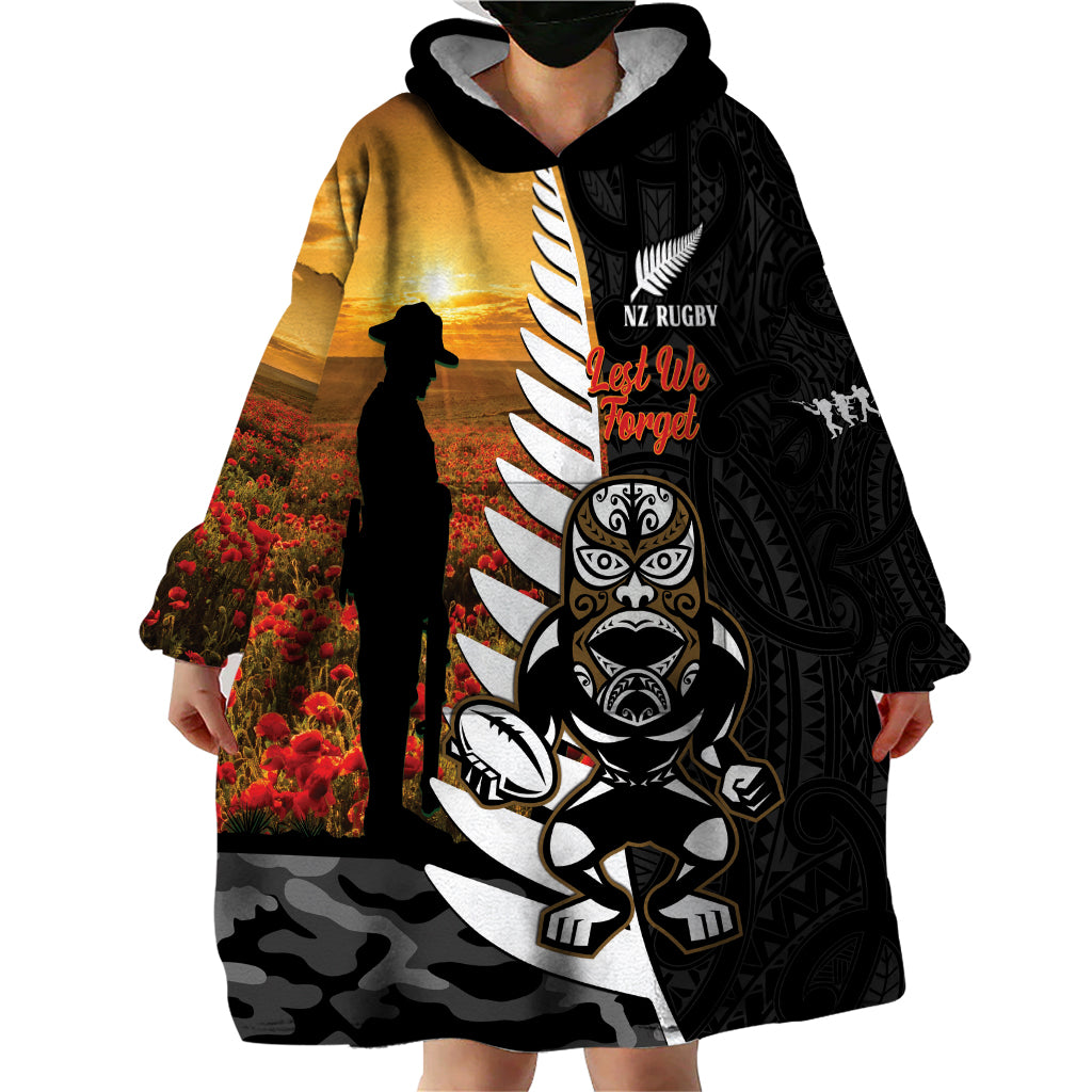 Custom New Zealand Silver Fern Rugby ANZAC Day Wearable Blanket Hoodie 2024 All Black Tiki Mascot