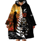 Custom New Zealand Silver Fern Rugby ANZAC Day Wearable Blanket Hoodie 2024 All Black Tiki Mascot