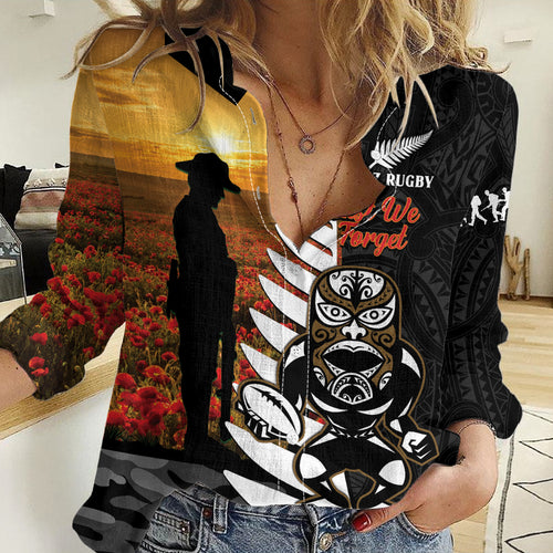 Custom New Zealand Silver Fern Rugby ANZAC Day Women Casual Shirt 2024 All Black Tiki Mascot