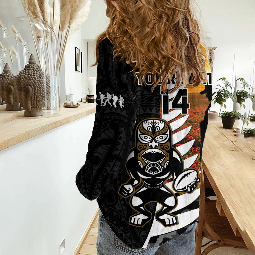 Custom New Zealand Silver Fern Rugby ANZAC Day Women Casual Shirt 2024 All Black Tiki Mascot
