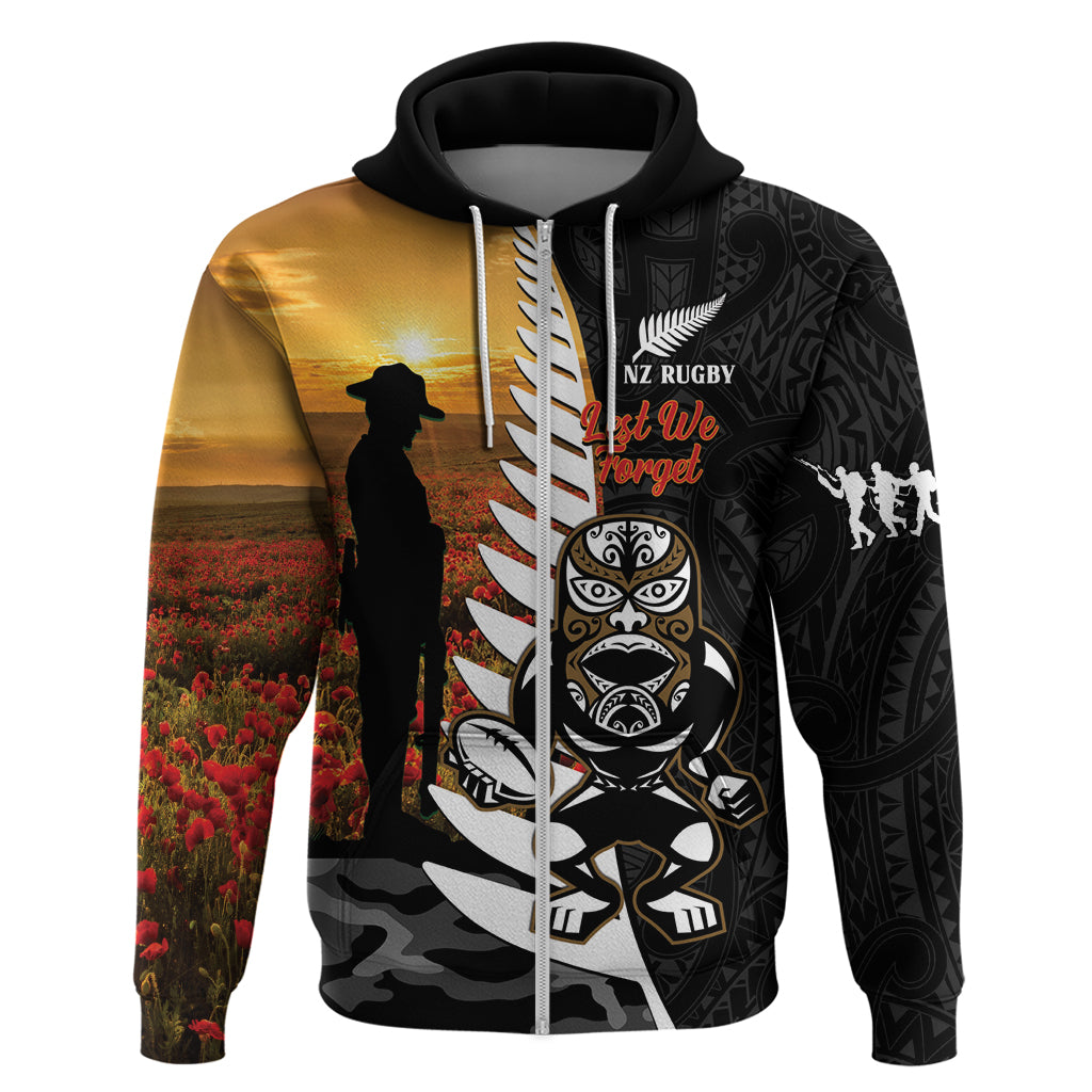 Custom New Zealand Silver Fern Rugby ANZAC Day Zip Hoodie 2024 All Black Tiki Mascot