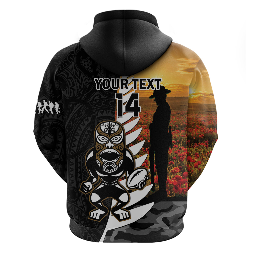 Custom New Zealand Silver Fern Rugby ANZAC Day Zip Hoodie 2024 All Black Tiki Mascot