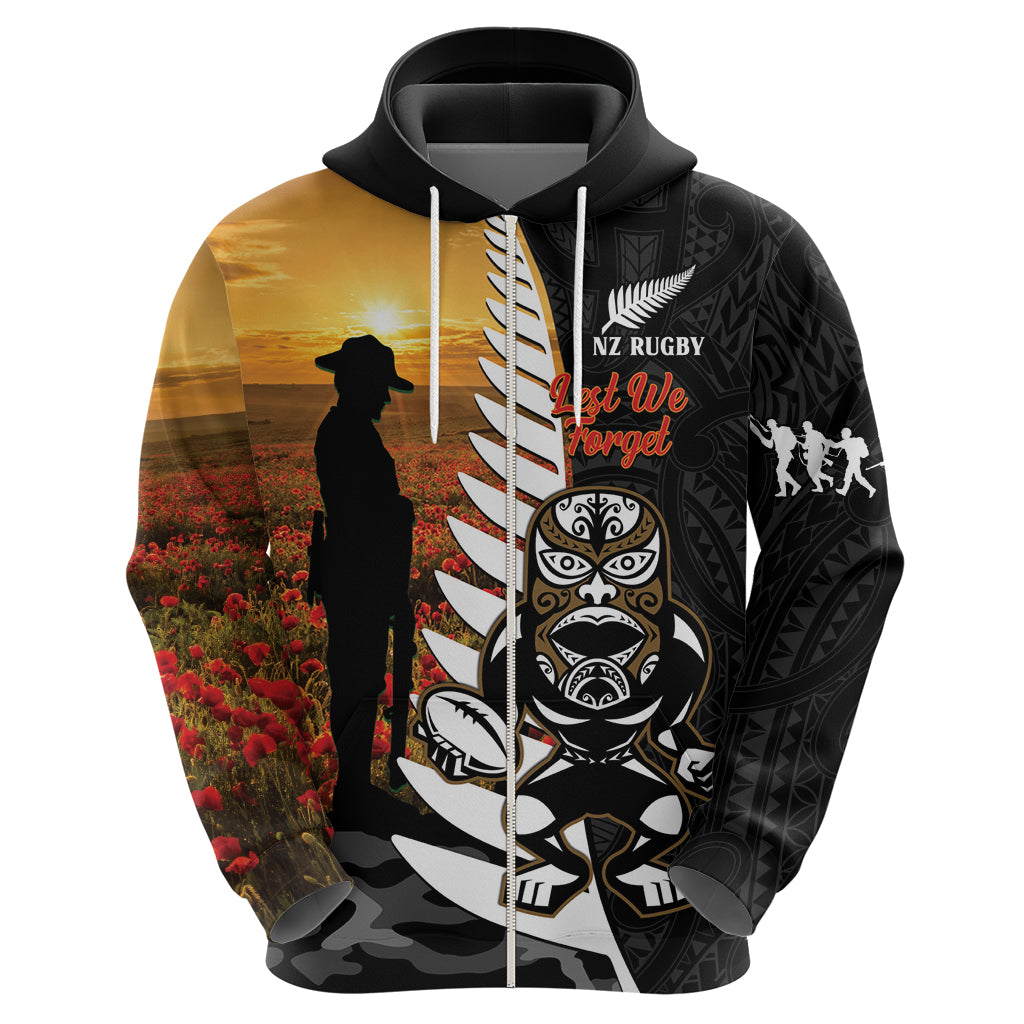 Custom New Zealand Silver Fern Rugby ANZAC Day Zip Hoodie 2024 All Black Tiki Mascot