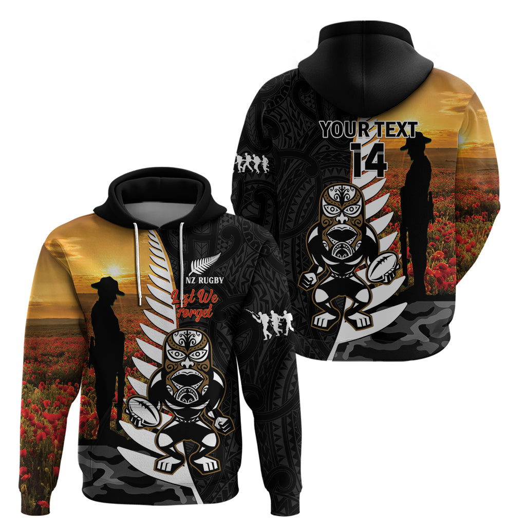 Custom New Zealand Silver Fern Rugby ANZAC Day Zip Hoodie 2024 All Black Tiki Mascot